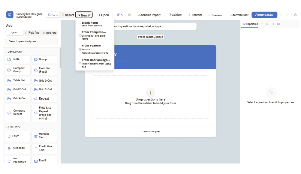 Field Mapper Form Designer — drag-and-drop survey builder with question types, live form canvas, and properties panel