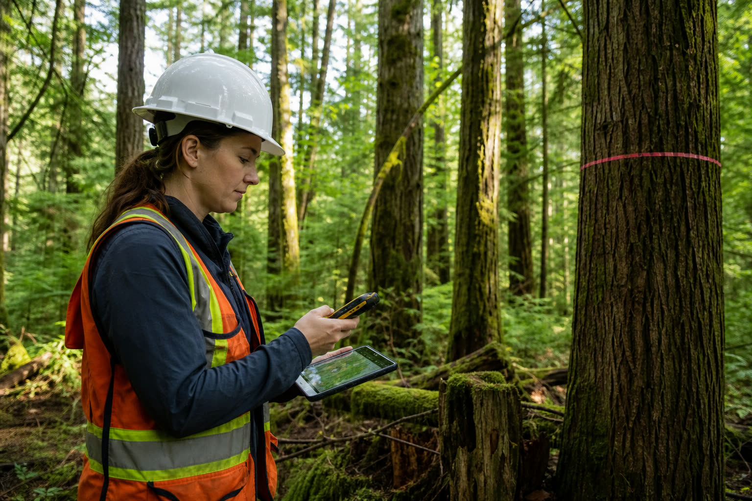 Forestry technician mapping trees in a forest