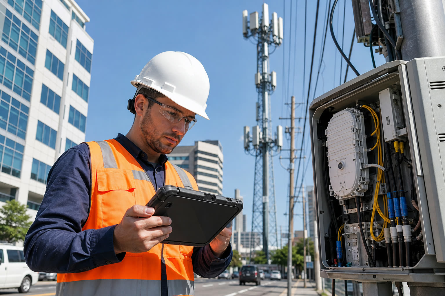 Telecom technician inspecting a cell tower and fiber equipment